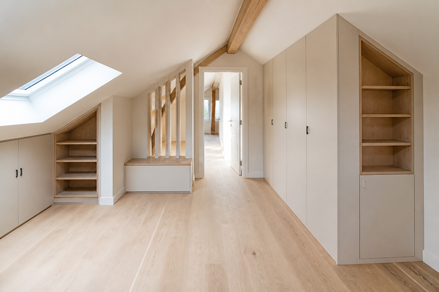 Aménagement intérieur sous combles avec rangements sur mesure et cloisons légères