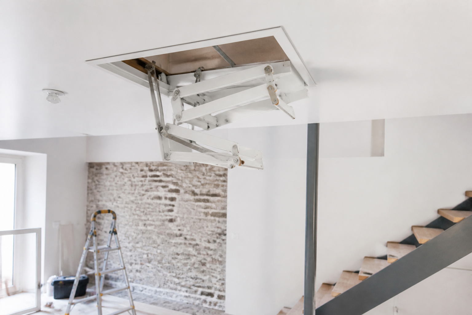 Escalier escamotable replié dans le plafond pour accès aux combles