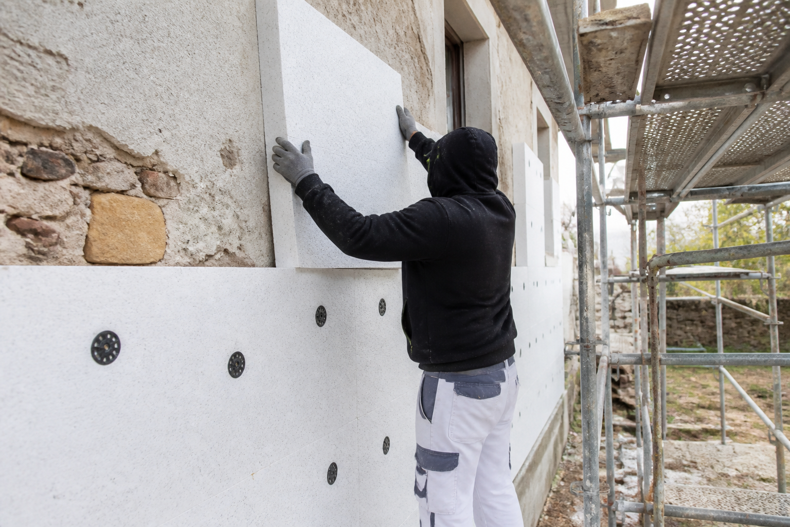 Artisan posant une isolation extérieure