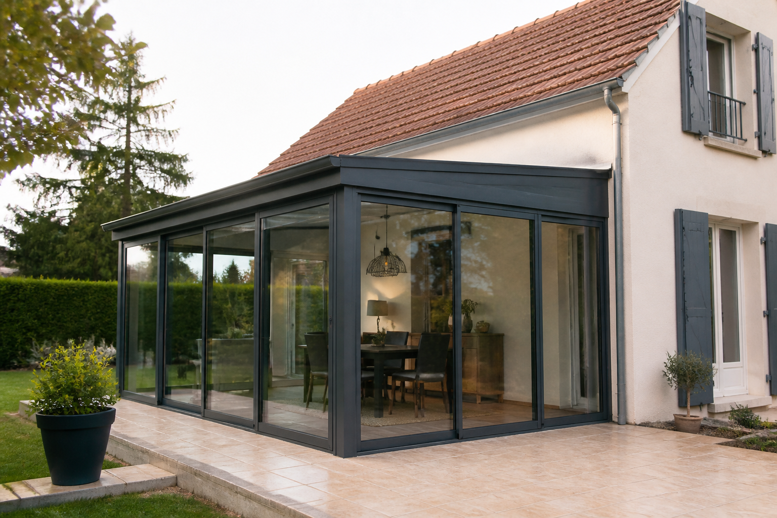 Plan d'une véranda sur terrasse intégrée à une maison