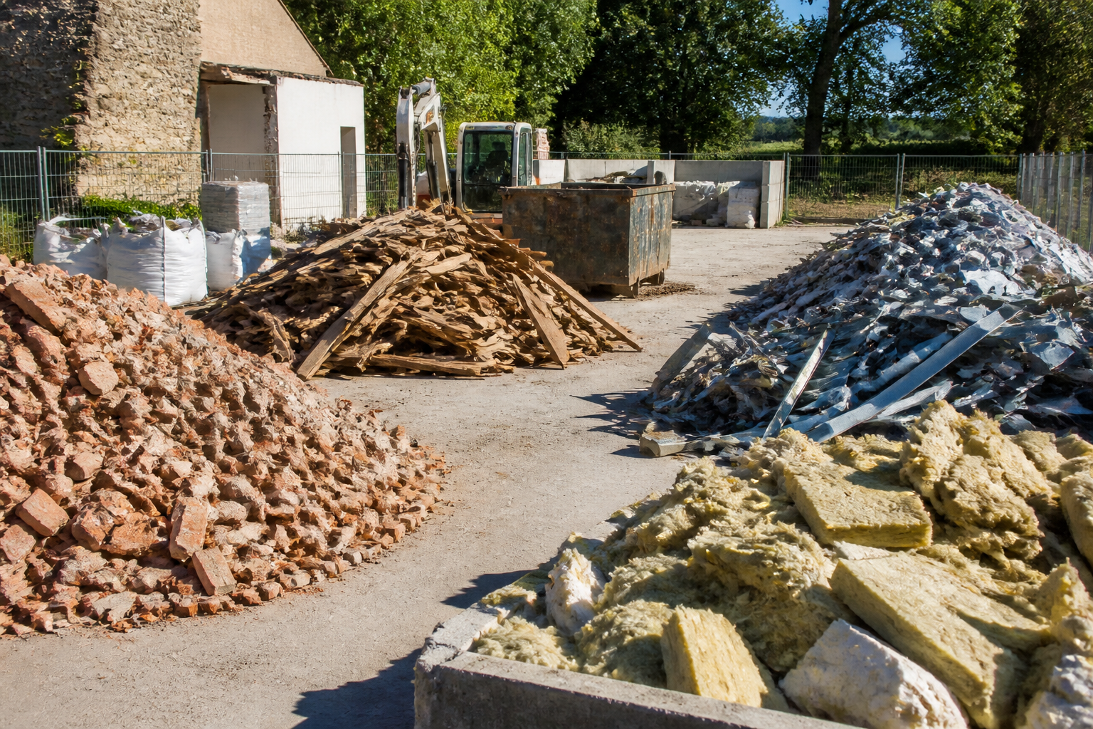 Tri des matériaux récupérés sur un chantier de déconstruction en France, site organisé