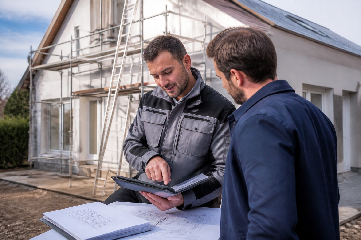 Discussion entre artisan et propriétaire autour d'un devis travaux