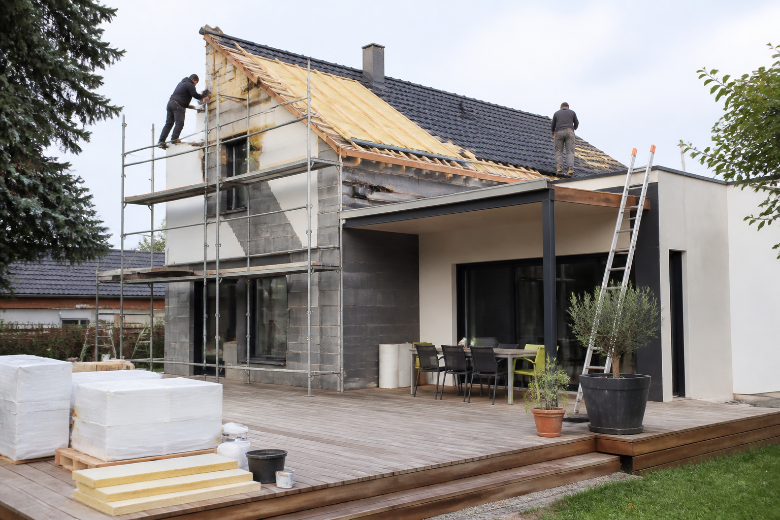 Travaux d'isolation et façade en rénovation sur une maison française