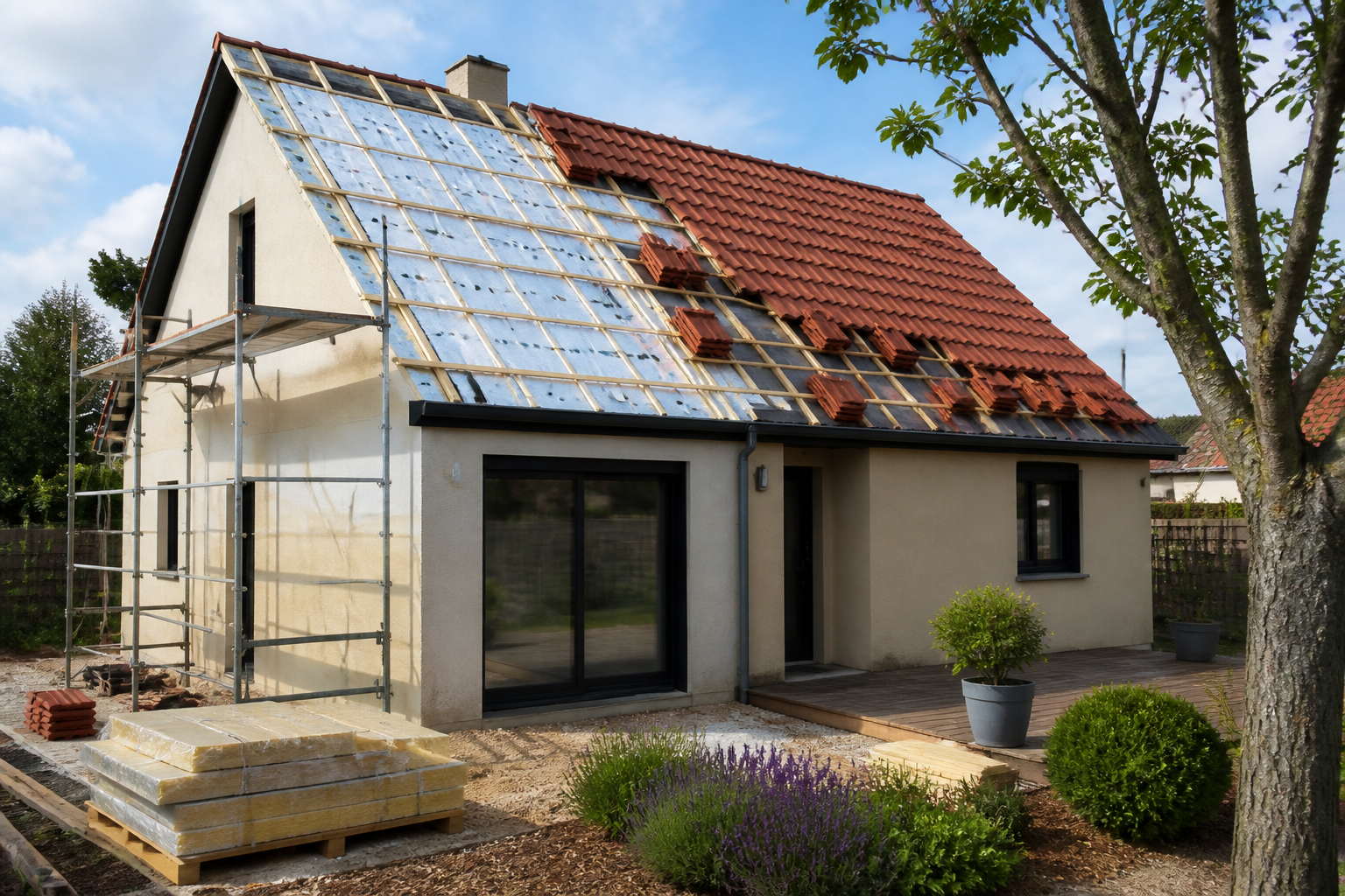 Isolation de toiture en cours sur maison française traditionnelle