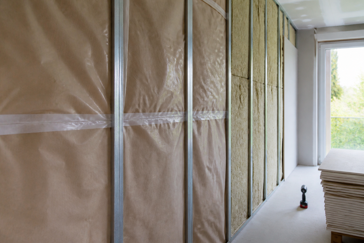 Mur intérieur isolé avec ossature et pare-vapeur en rénovation