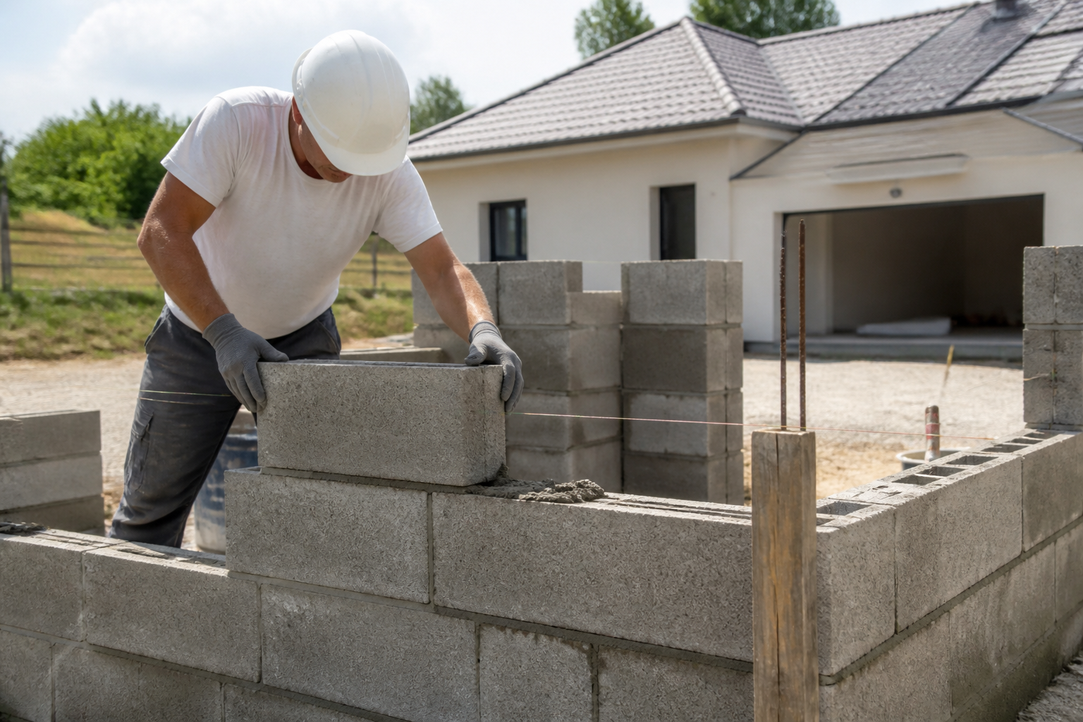 Maçon construisant un garage en parpaing sur un chantier propre