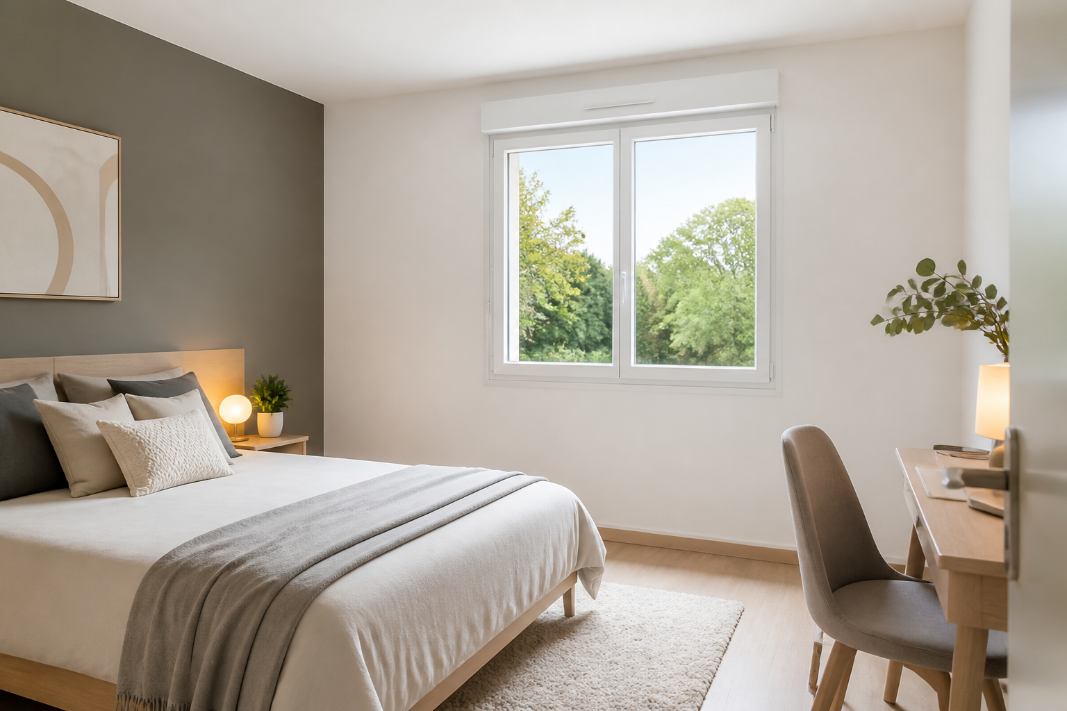 Chambre rénovée avec nouvelle fenêtre double vitrage apportant de la lumière naturelle