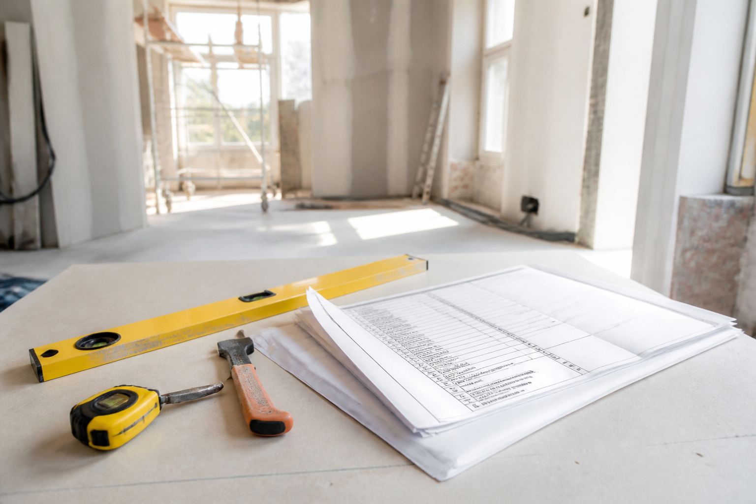 Devis de travaux de rénovation posé sur une table avec outils de chantier