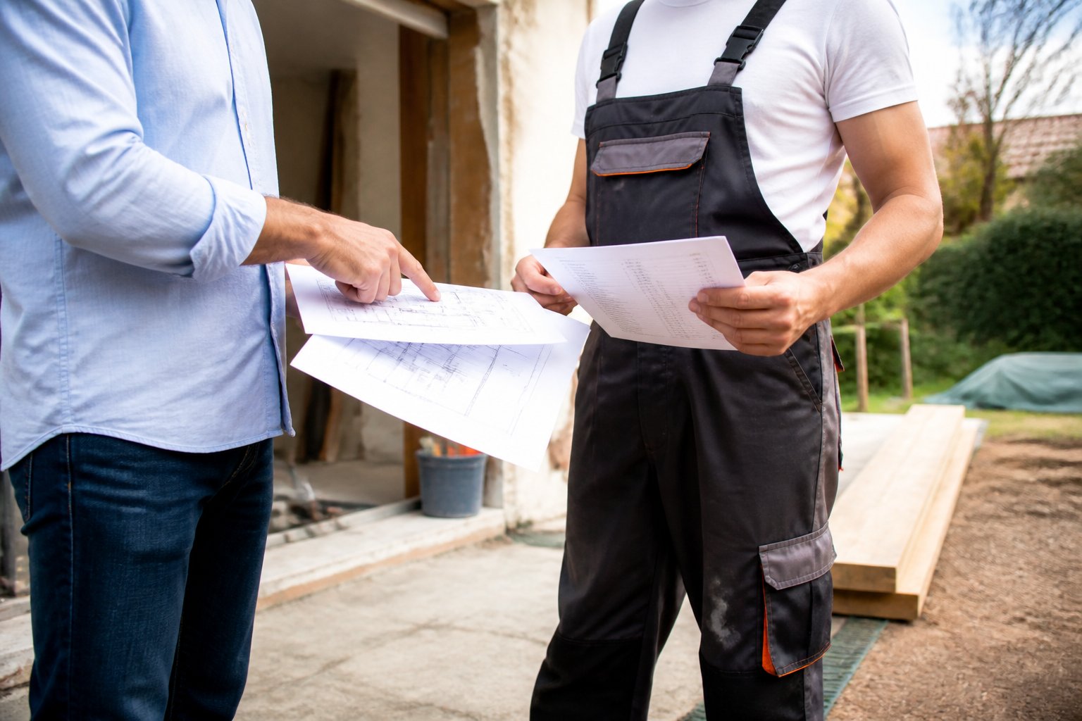 Discussion entre propriétaire et artisan autour d’un devis travaux pour rénovation