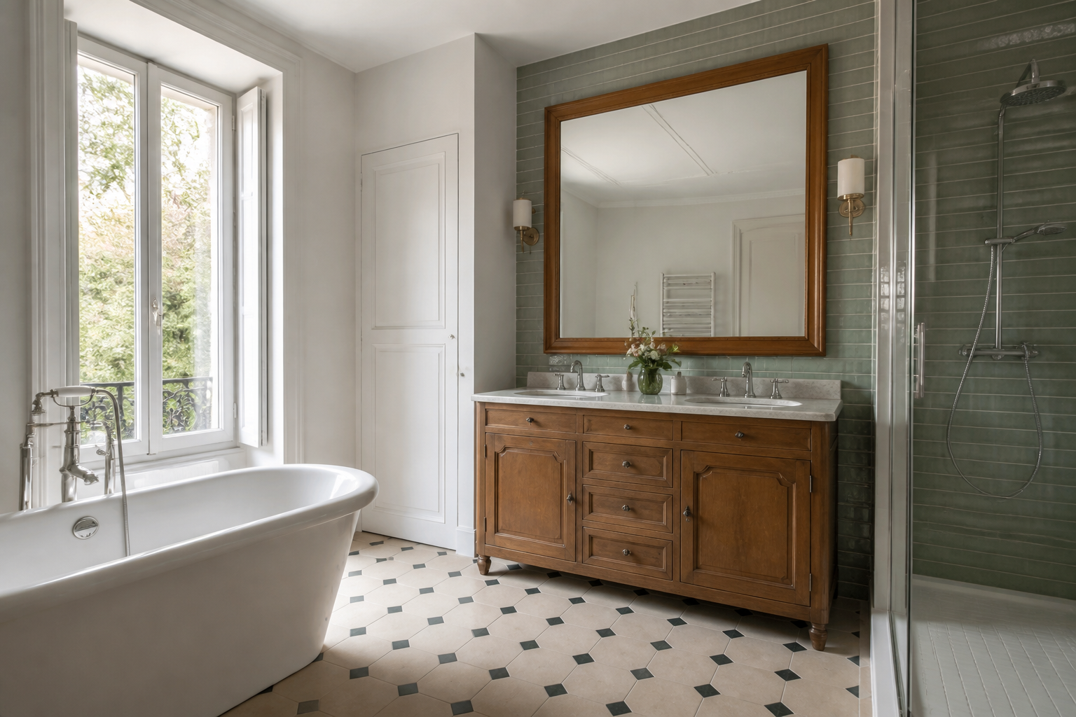 Salle de bain rénovée dans une maison ancienne, mélange d'ancien et moderne