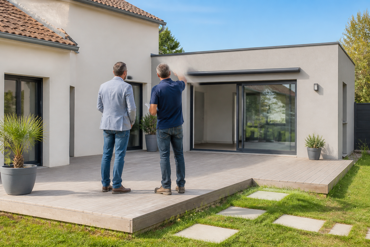 Consultation entre propriétaire et artisan sur chantier d'extension maison