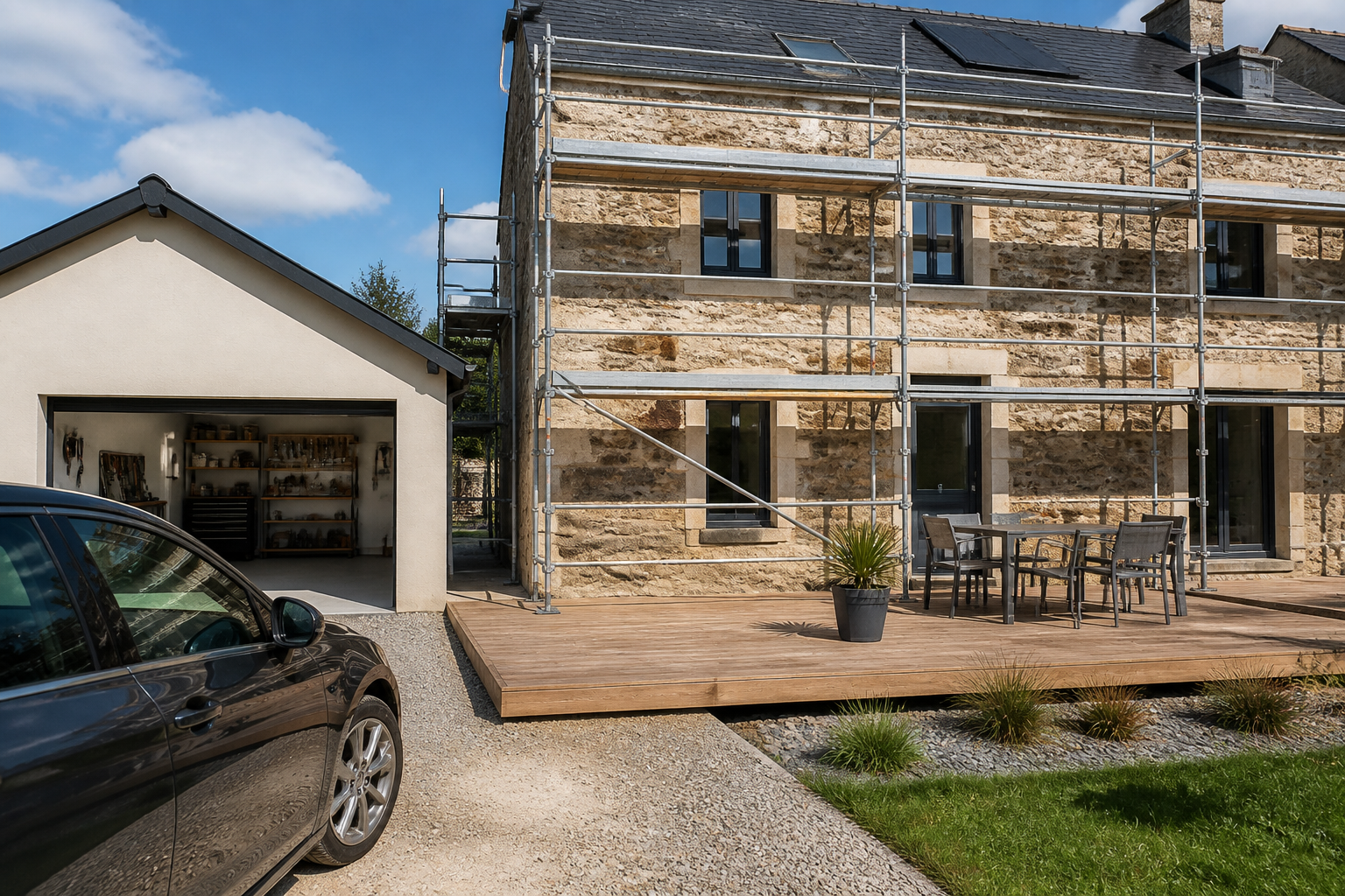 Maison française en rénovation avec terrasse neuve et garage propre