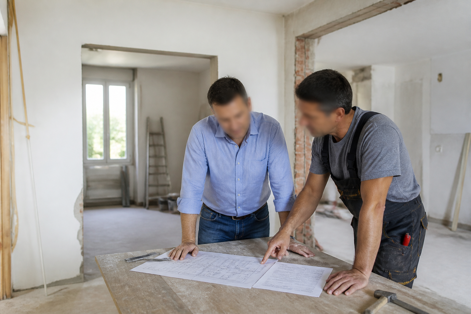 Discussion entre propriétaire et artisan sur un chantier de rénovation