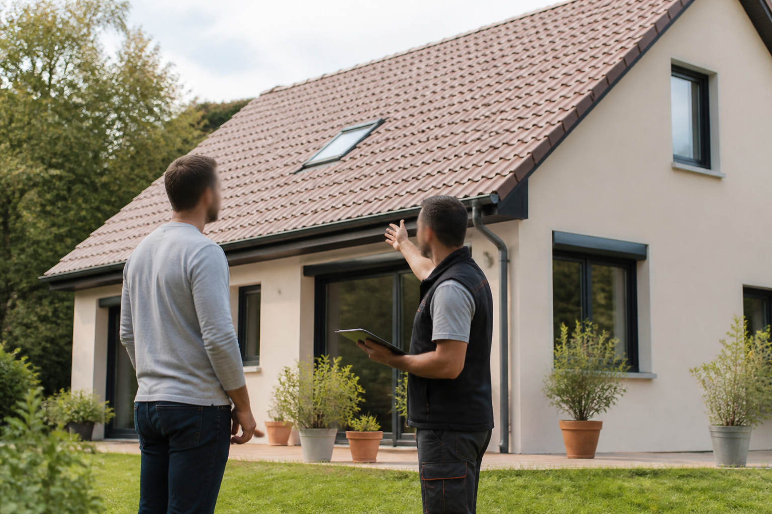 Propriétaire et artisan discutant sur un chantier de rénovation énergétique