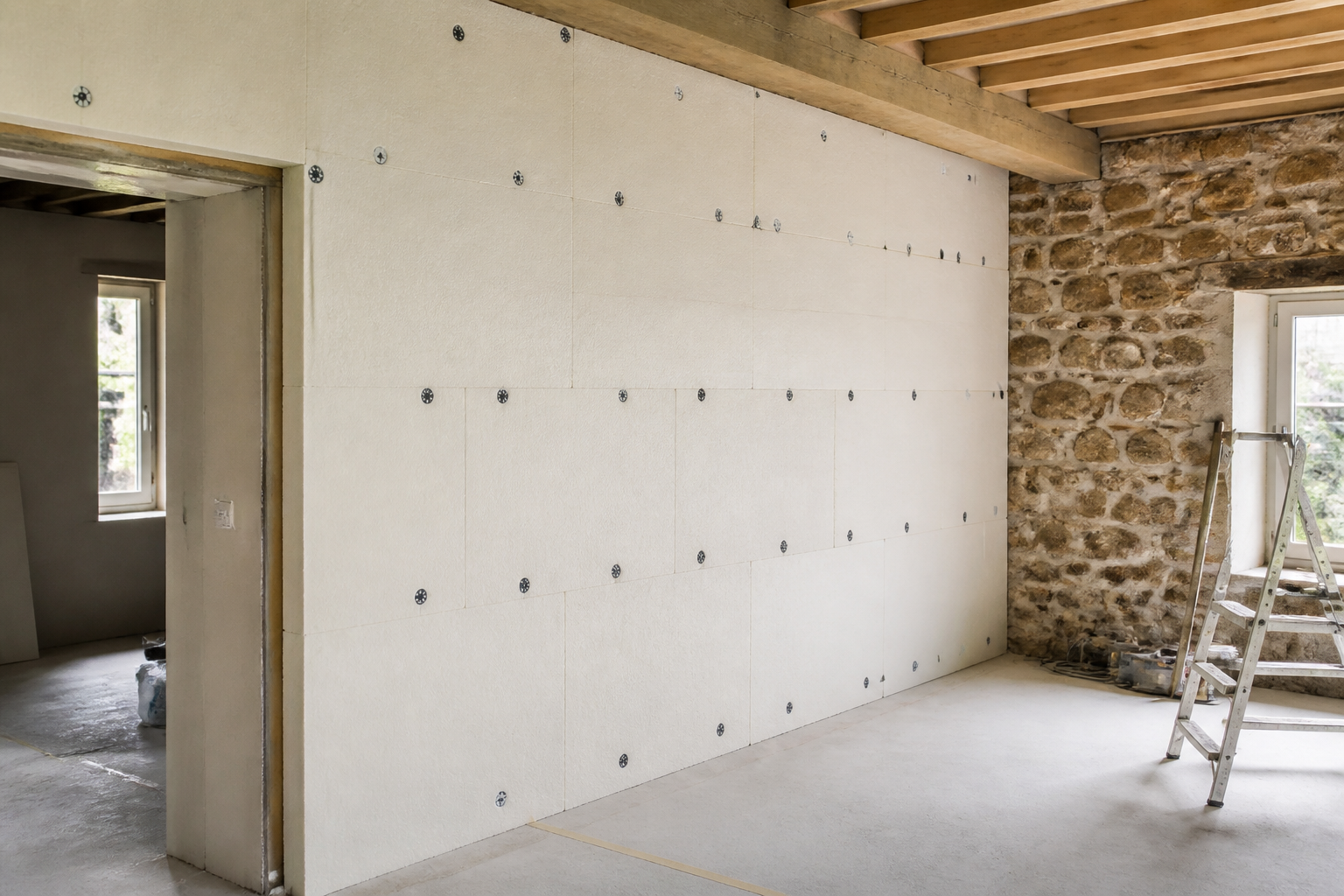 Pose d'isolation thermique intérieure dans une maison ancienne traditionnelle française