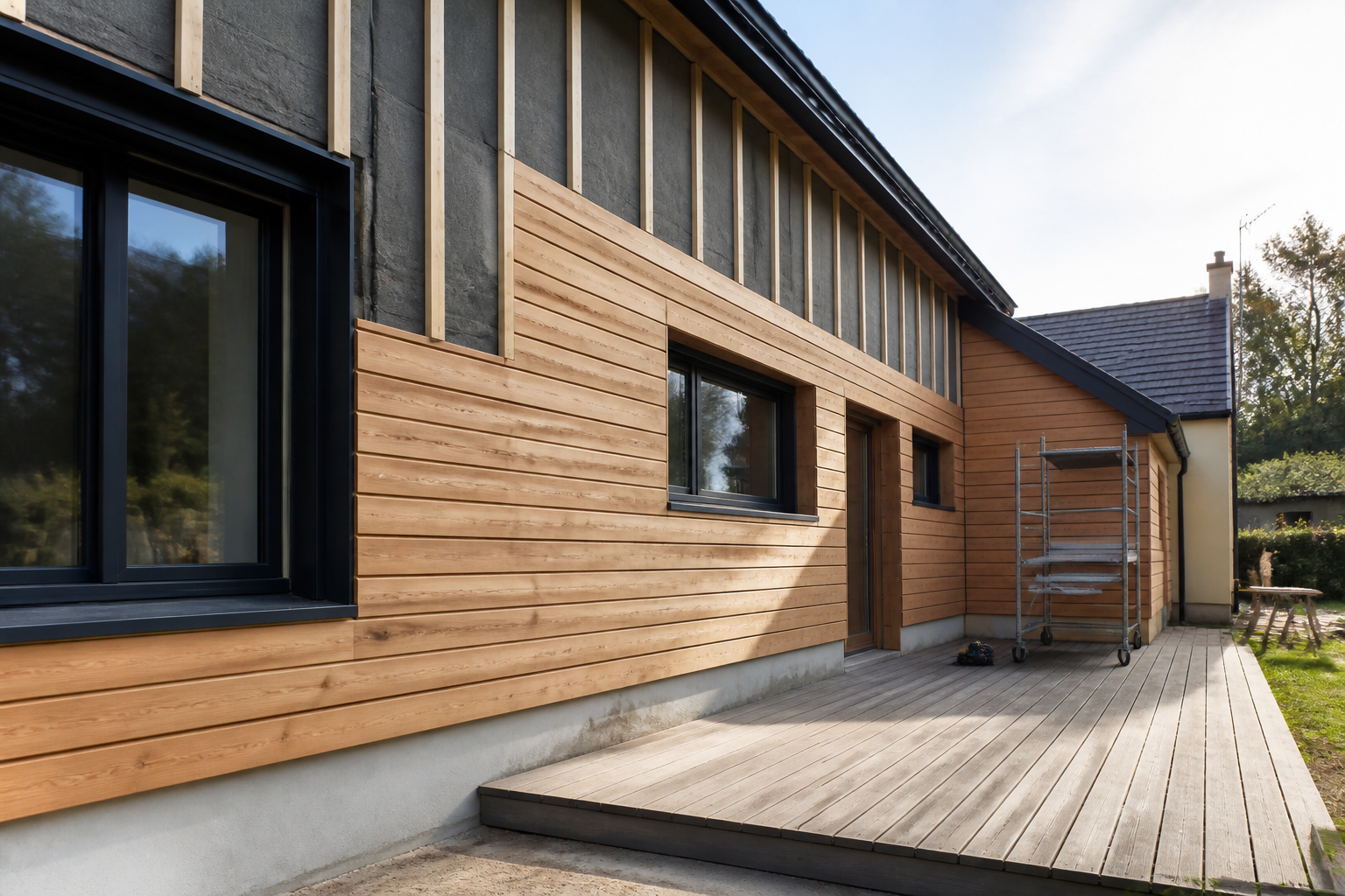 Isolation extérieure avec bardage bois sur une maison française