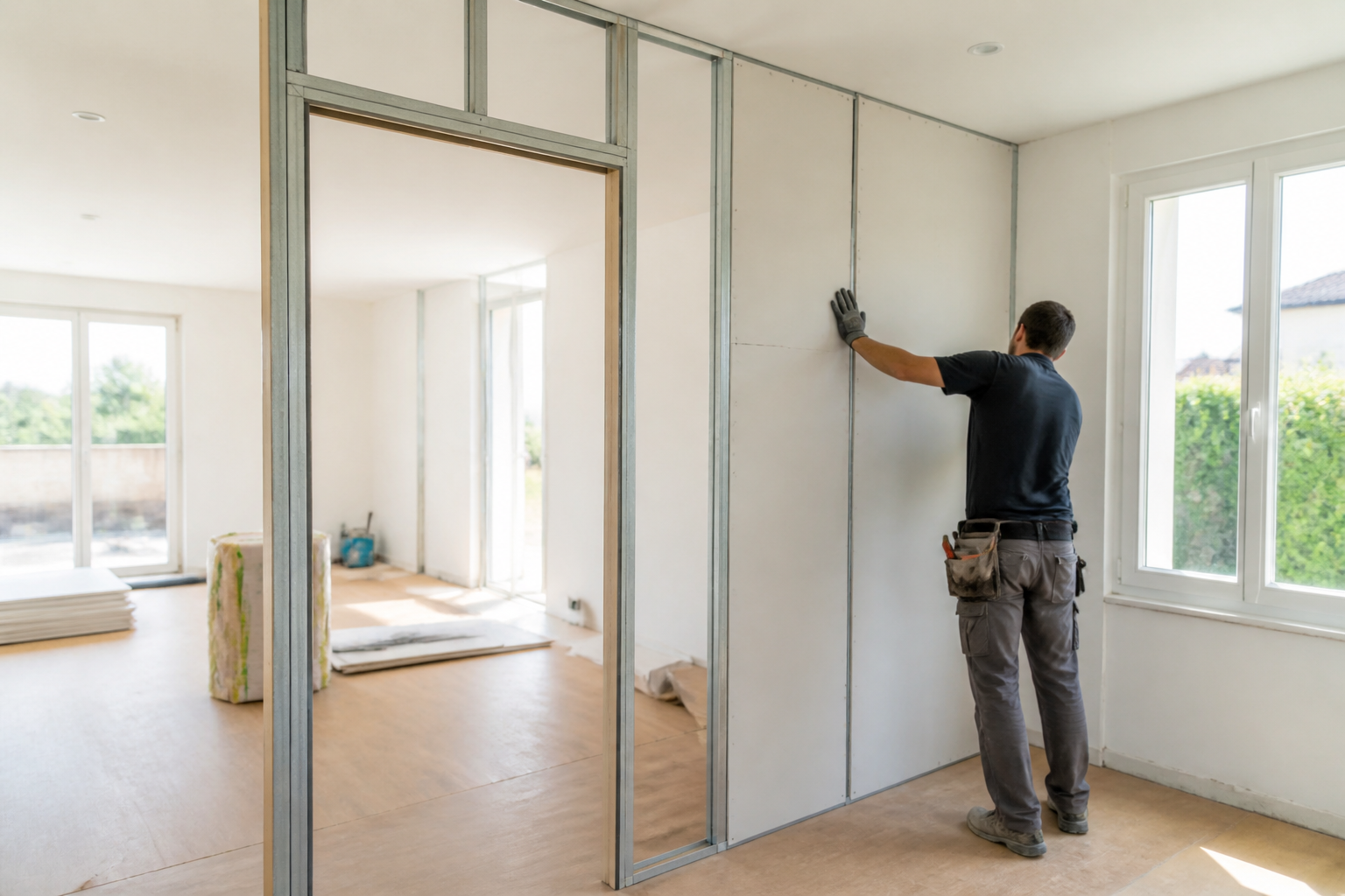 Pose de cloison intérieure dans un appartement français en rénovation