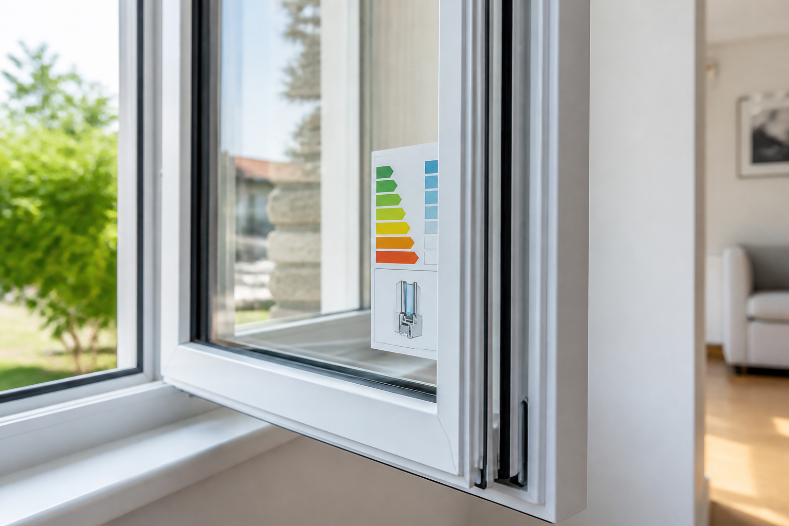 Détail d’une fenêtre isolante avec étiquette énergétique